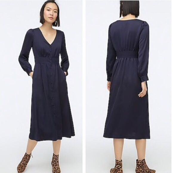 J. Crew Navy Blue Aline Satin Button Front Long Sleeve V Neck Midi Dress AD073 - Picture 1 of 10
